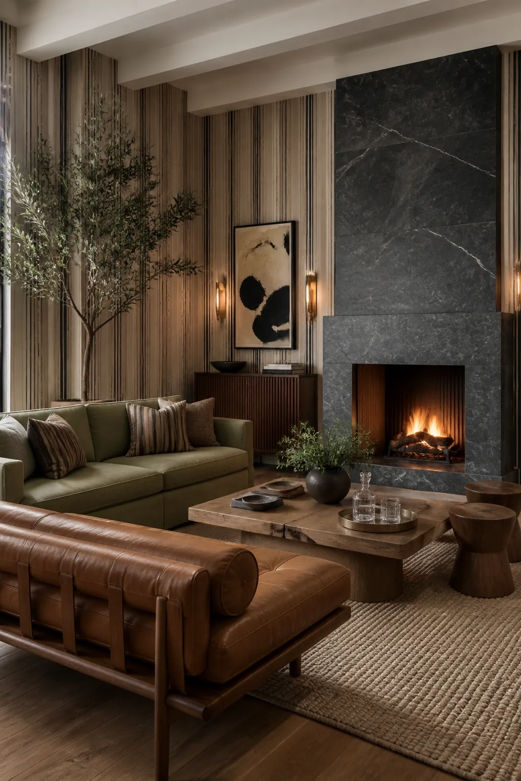 Living room fireplace framed by tailored neutral striped wallpaper