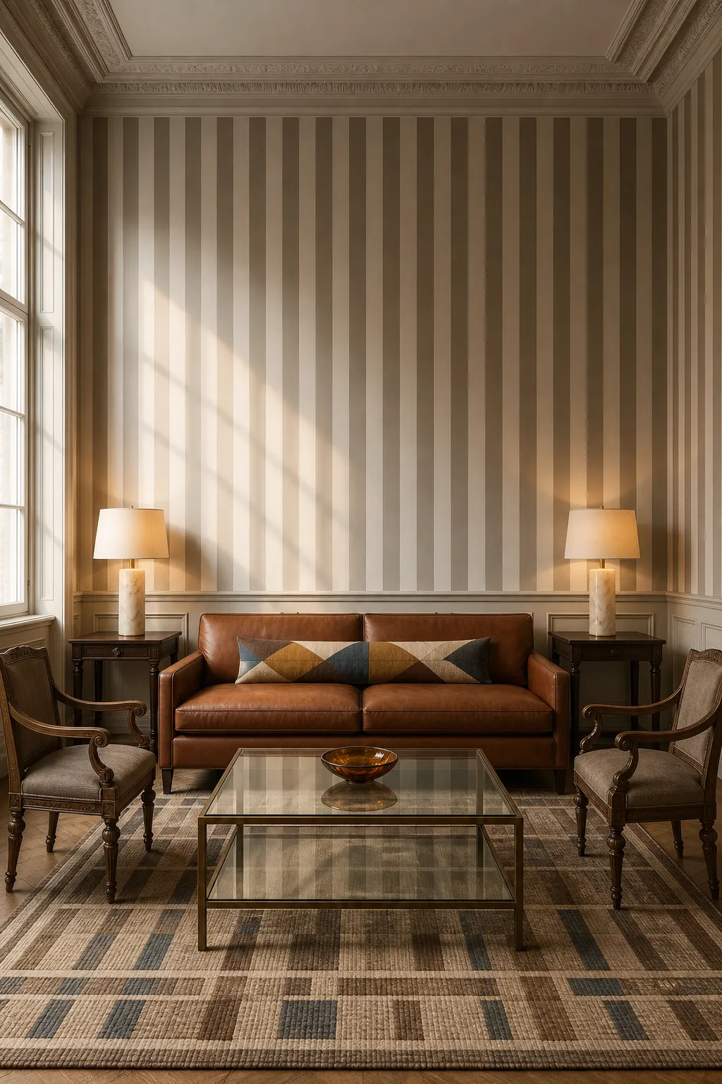 Tailored interior featuring taupe striped walls and architectural detailing