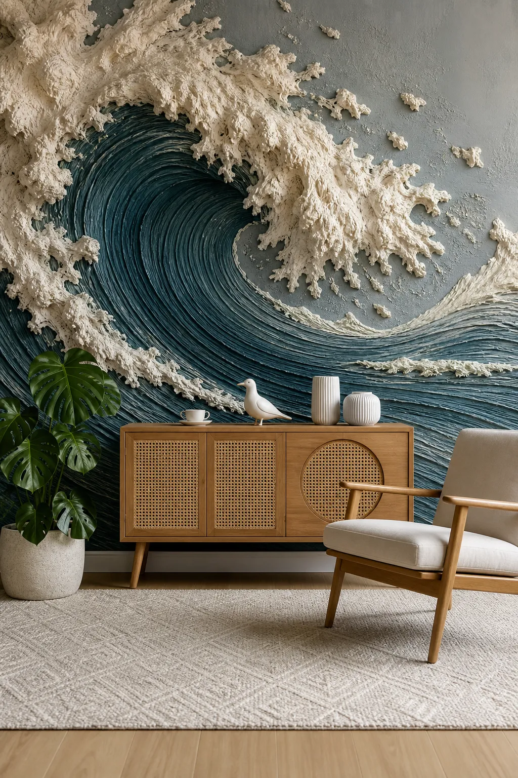 Interior wall featuring dramatic sculptural teal ocean waves