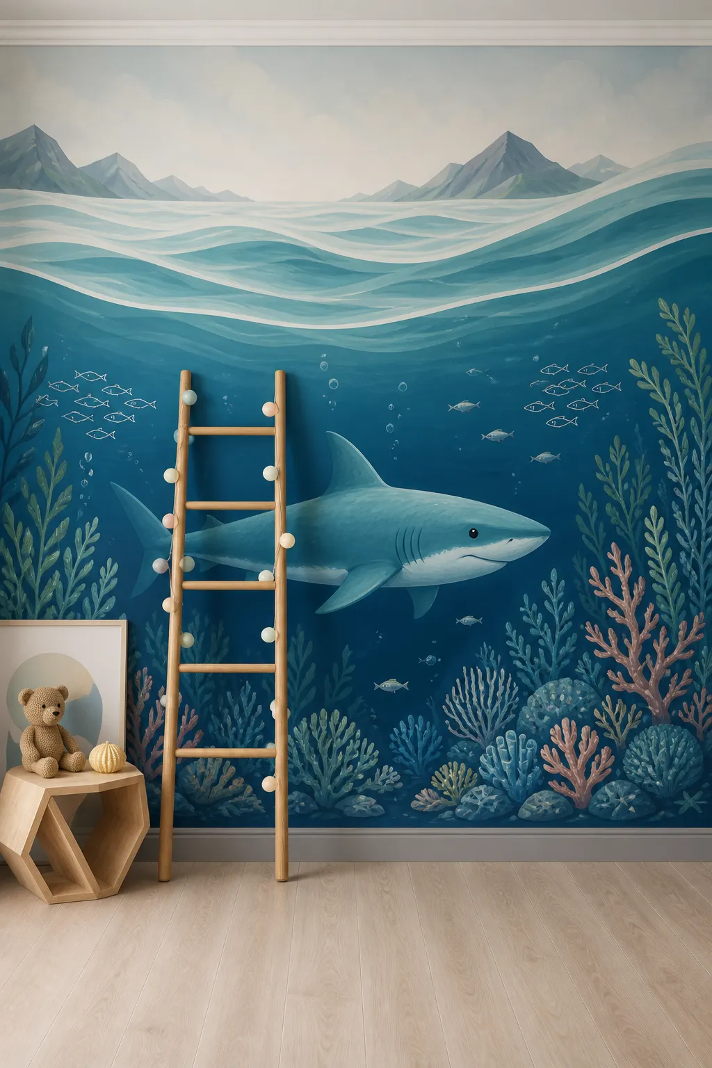Adventurous kids’ room decorated with teal shark wall art