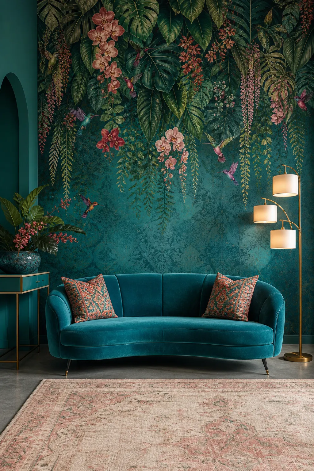 Vibrant interior mural with pink tropical flowers on a jewel-toned teal background
