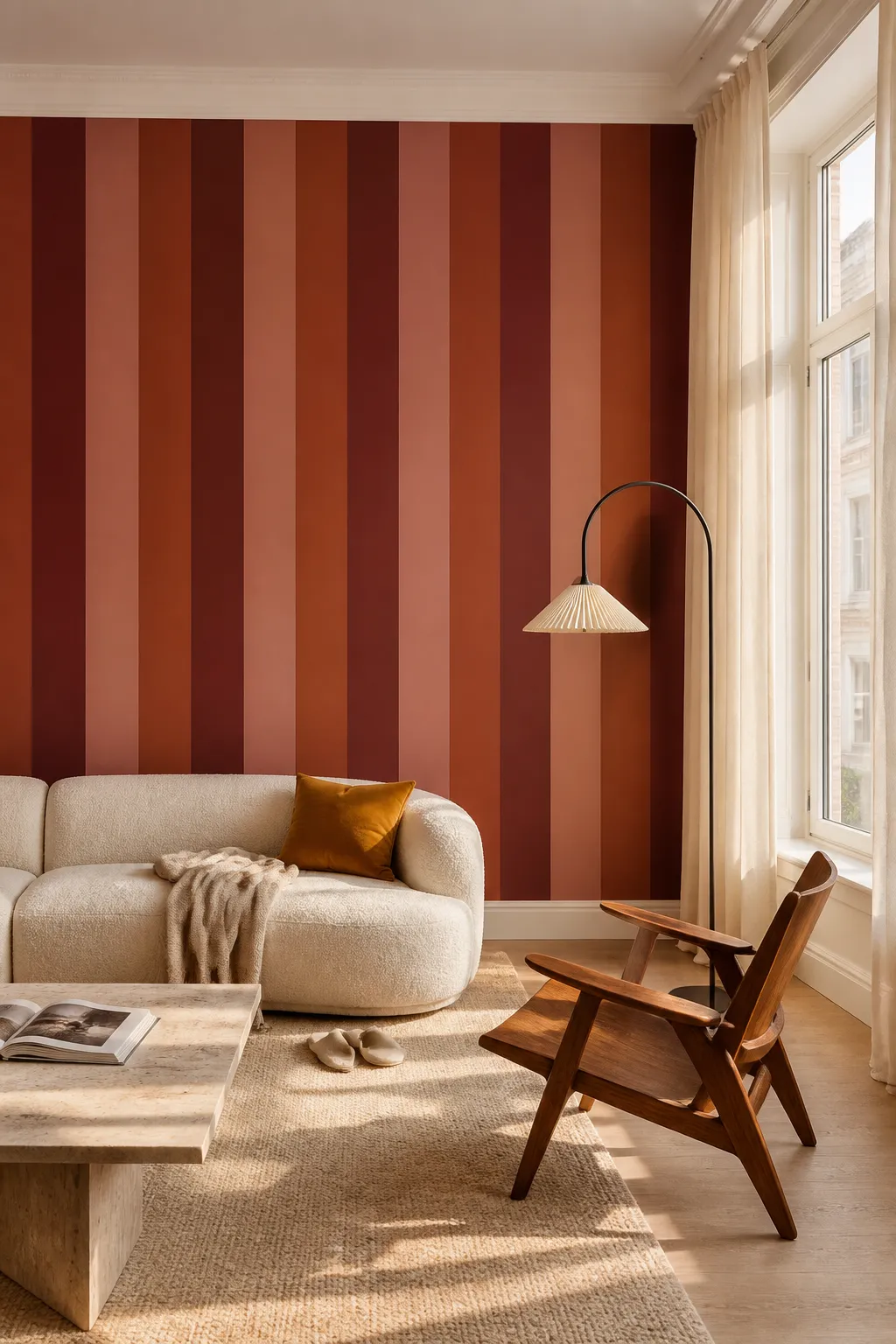 Modern living room decorated with warm terracotta striped wallpaper