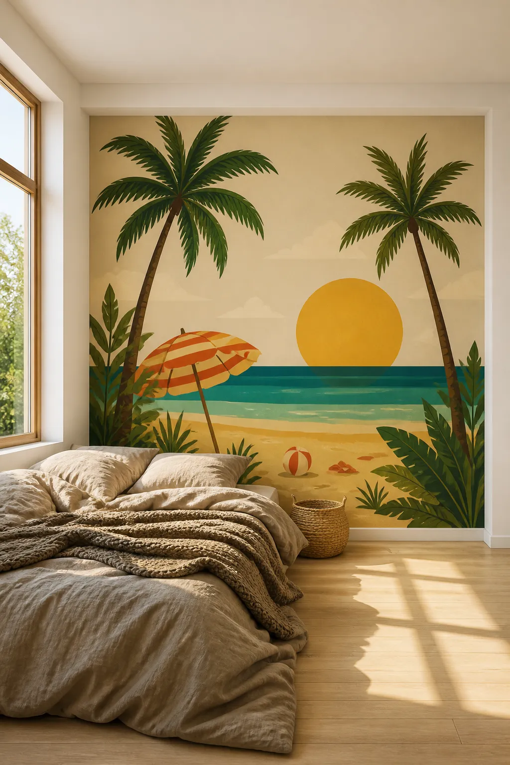 Bedroom with a tropical beach sunset mural featuring palms and ocean colors