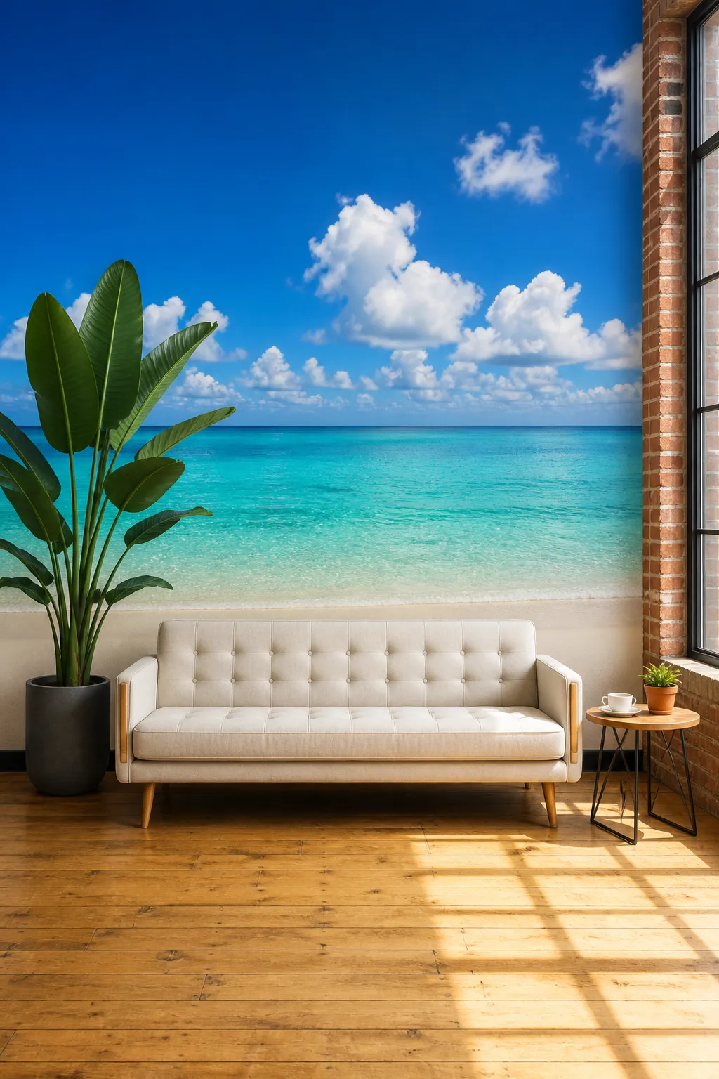 Bright coastal living room with a tropical ocean-view wall mural