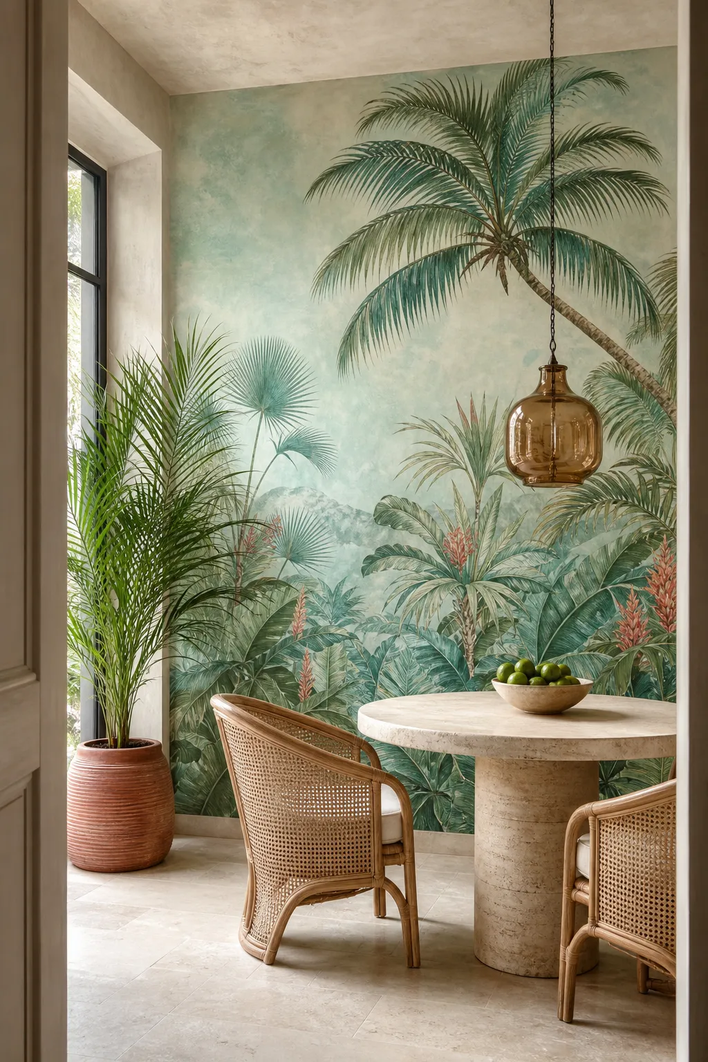Fresh dining corner accented by a tropical palm foliage mural