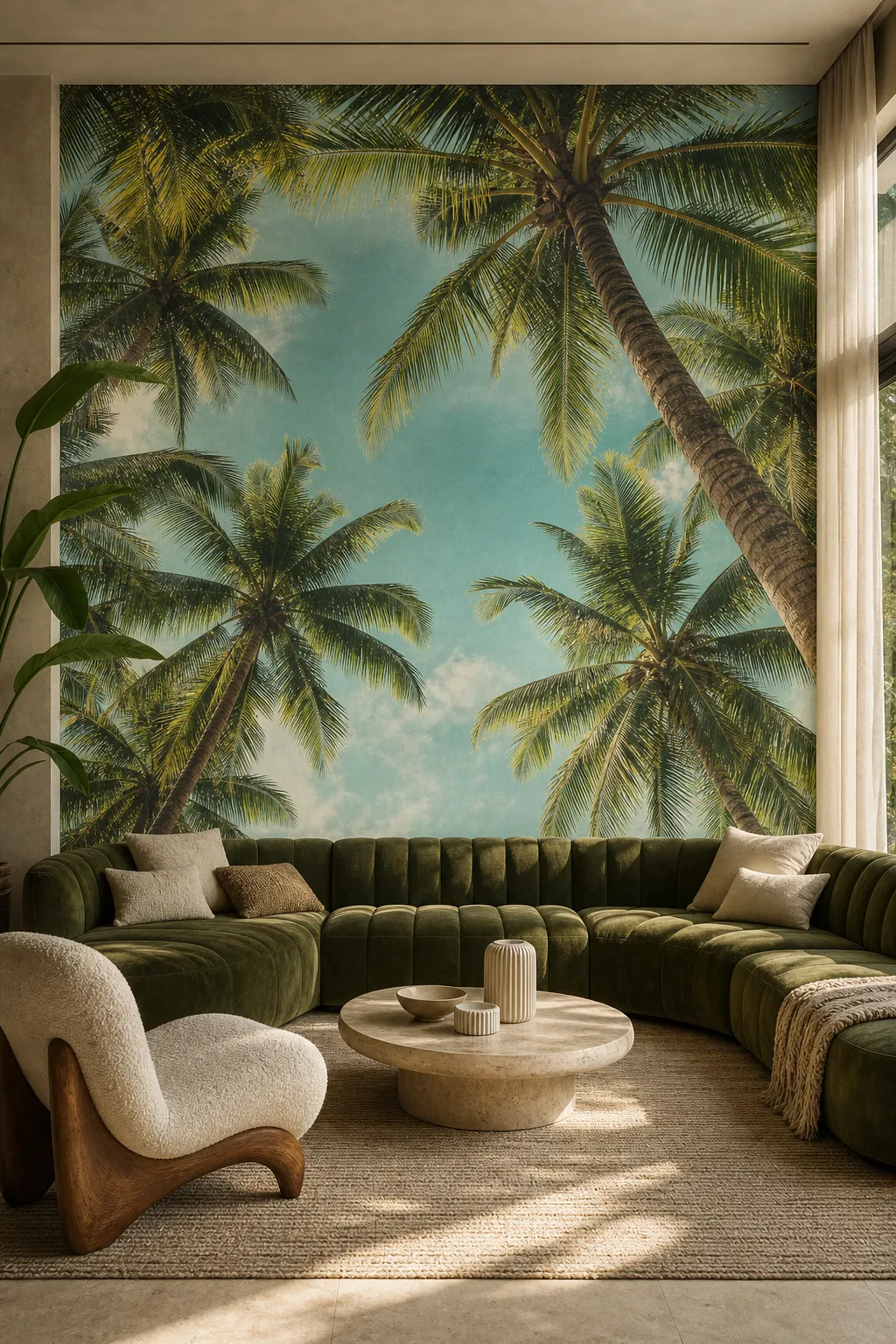 Bright living room featuring a sunlit tropical palm tree wall scene