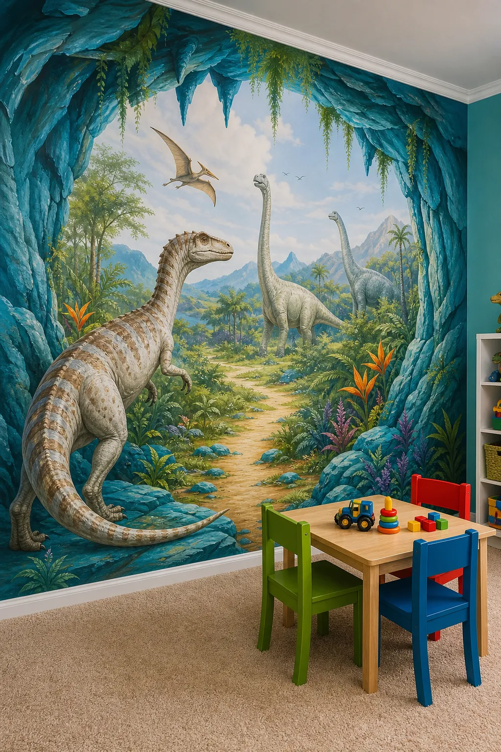 Playroom surrounded by a turquoise prehistoric jungle mural with dinosaurs and tropical plants