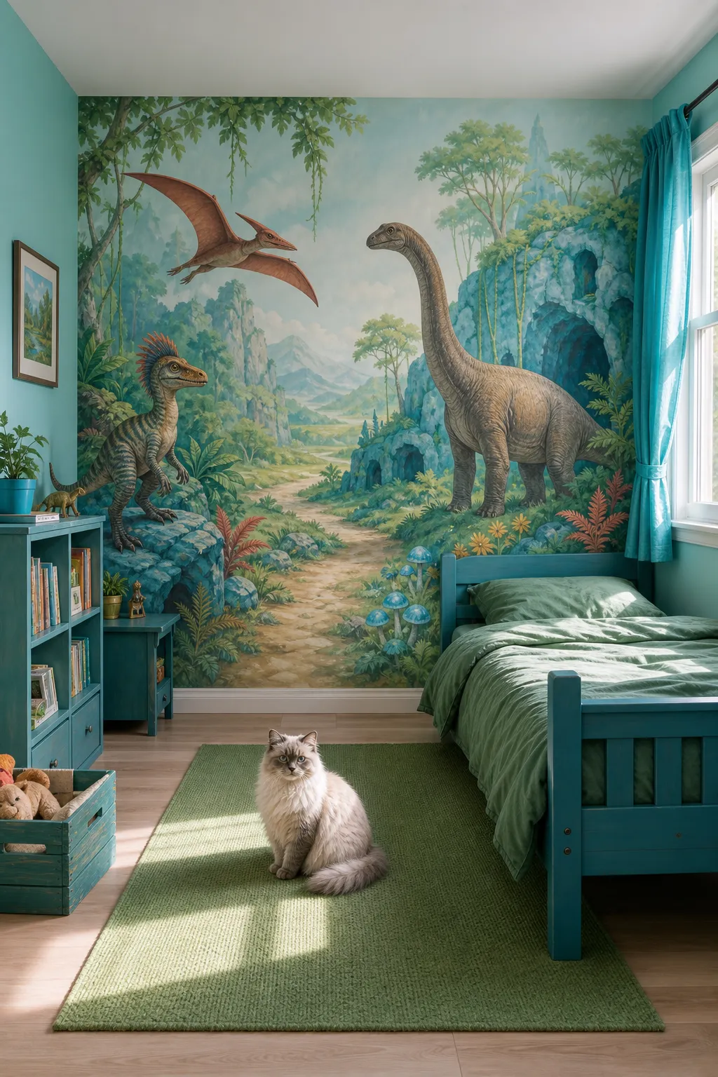 Fresh kids room featuring a turquoise hand-painted dinosaur scene on the wall