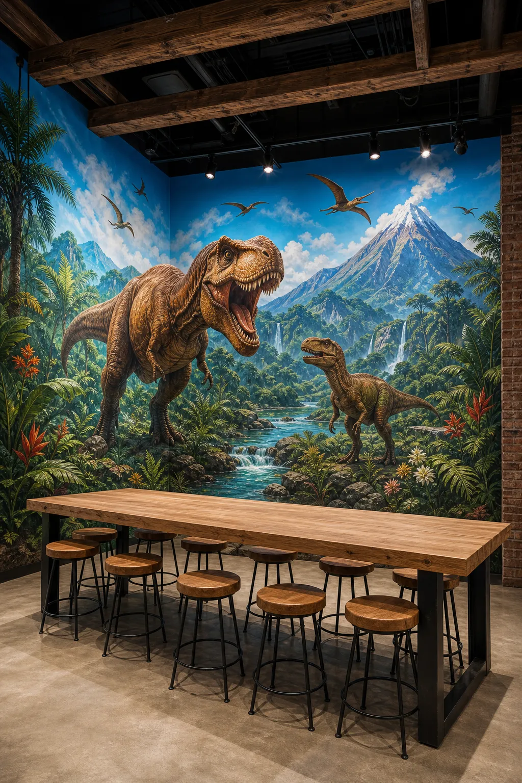 Modern dining area with a vibrant dinosaur jungle mural