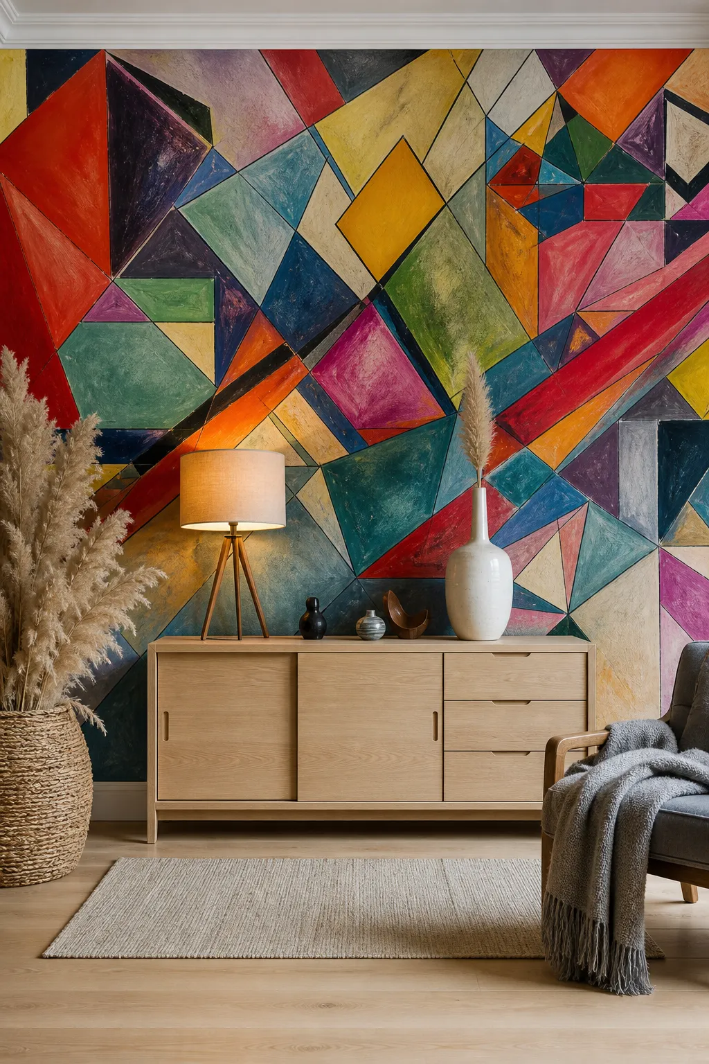 Console wall illuminated by a colorful kaleidoscope-inspired mural