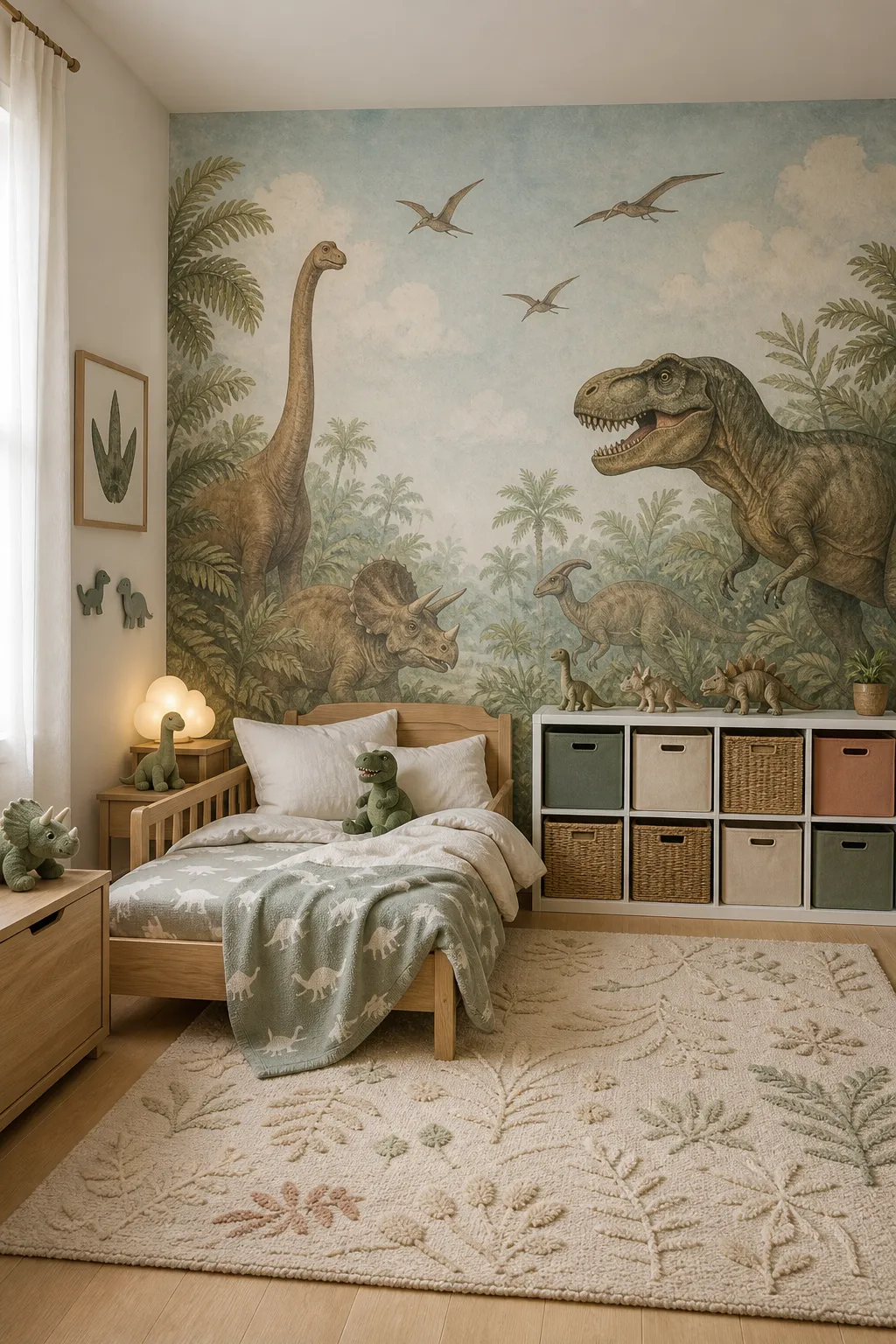 Warm children’s room with a vintage storybook-style jungle dinosaur wall mural