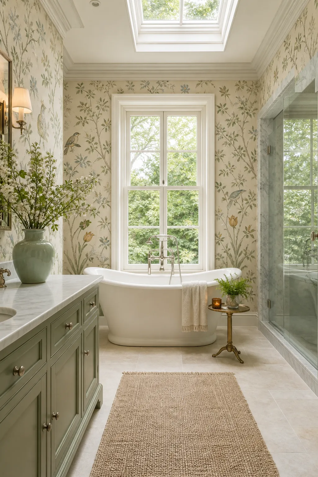 Statement bathtub surrounded by soft vintage floral wallpaper in a serene bathroom
