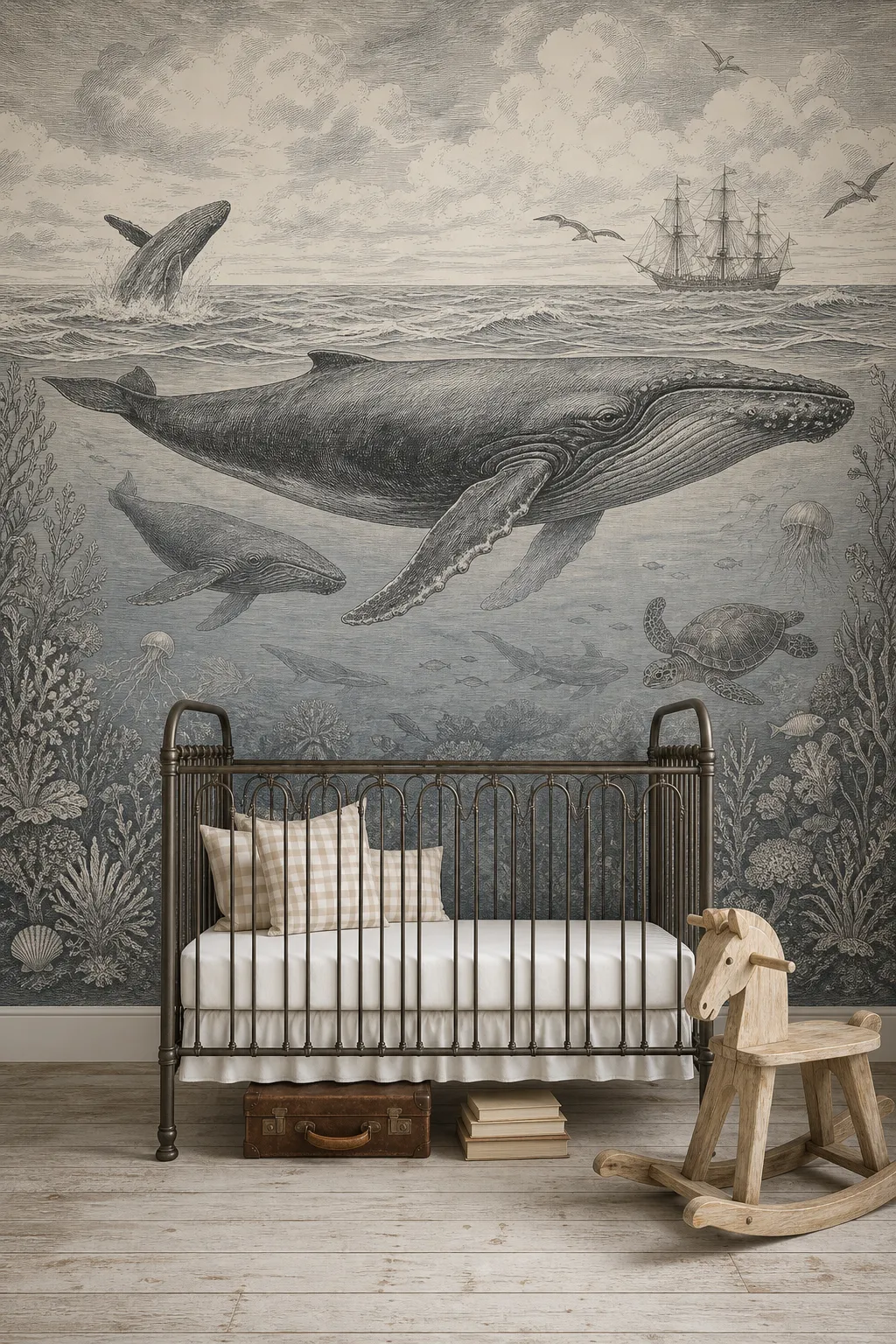 Classic nursery featuring a vintage-style whale wall mural