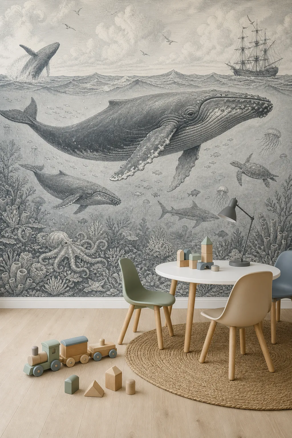 Children’s playroom decorated with vintage storybook whale illustrations