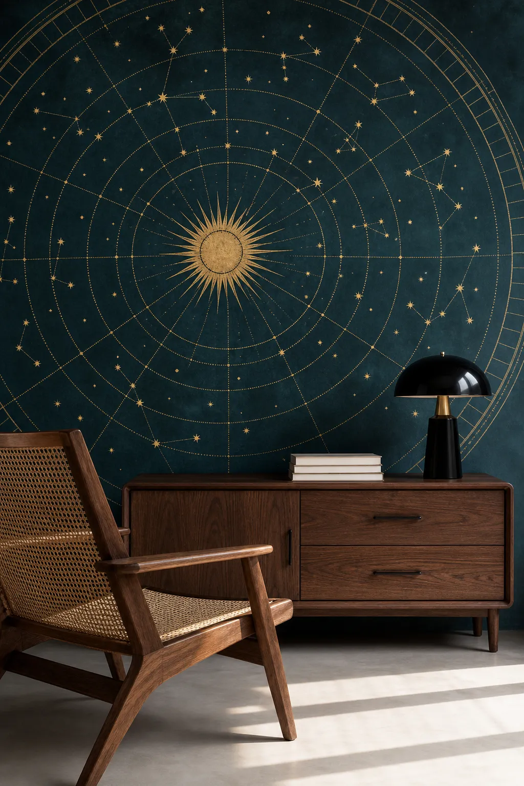 Interior featuring an antique-style zodiac chart with old-world character