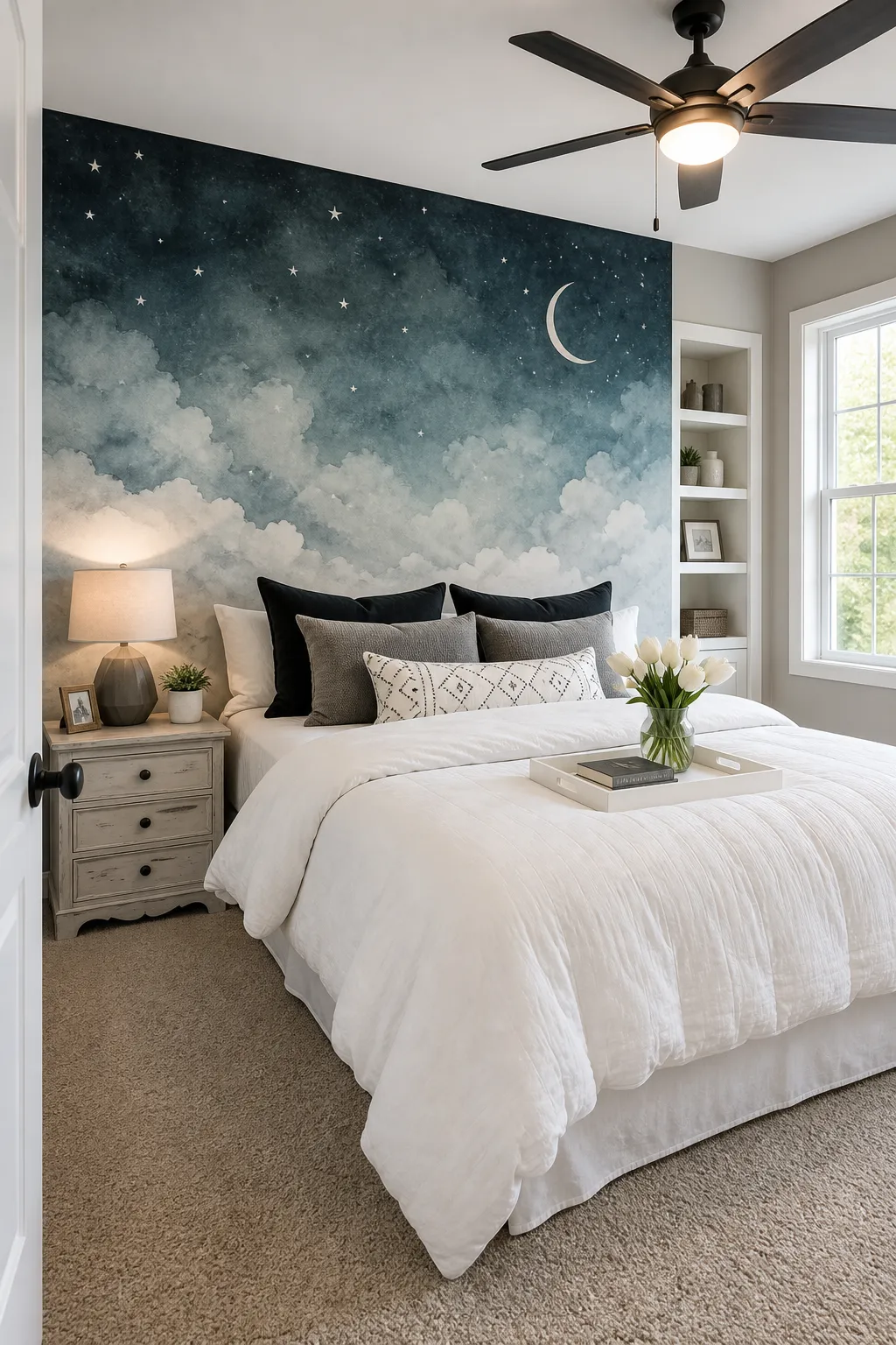 Soft bedroom with a blue watercolor night-sky mural behind the bed