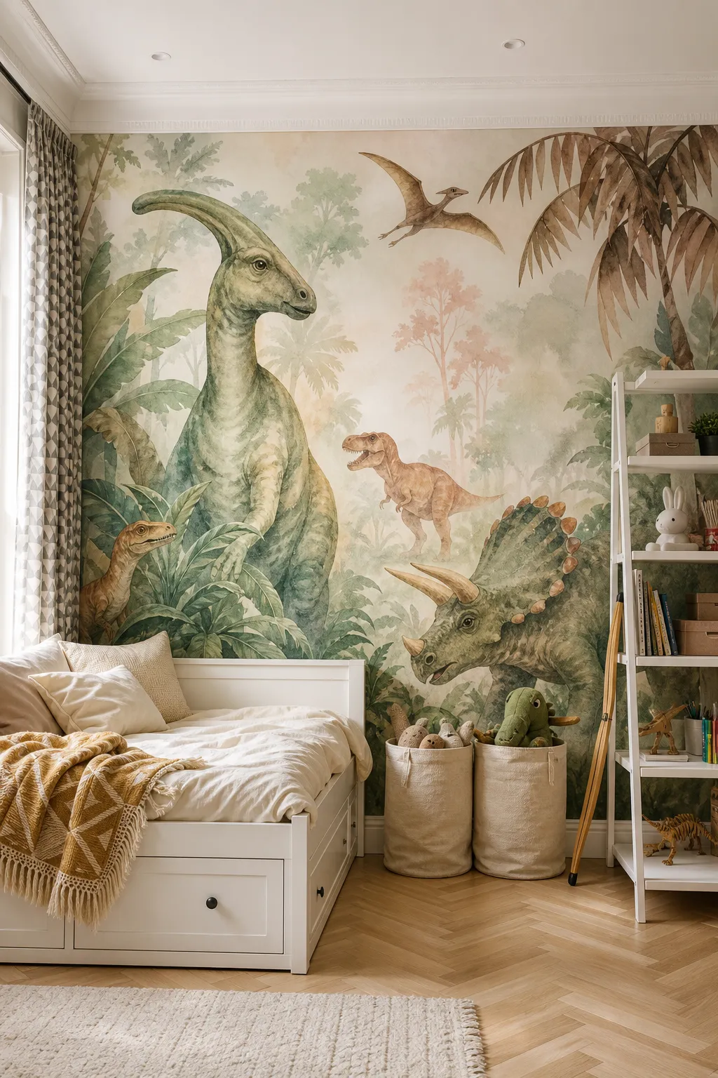 Child’s bedroom decorated with a soft watercolor dinosaur scene in muted colors