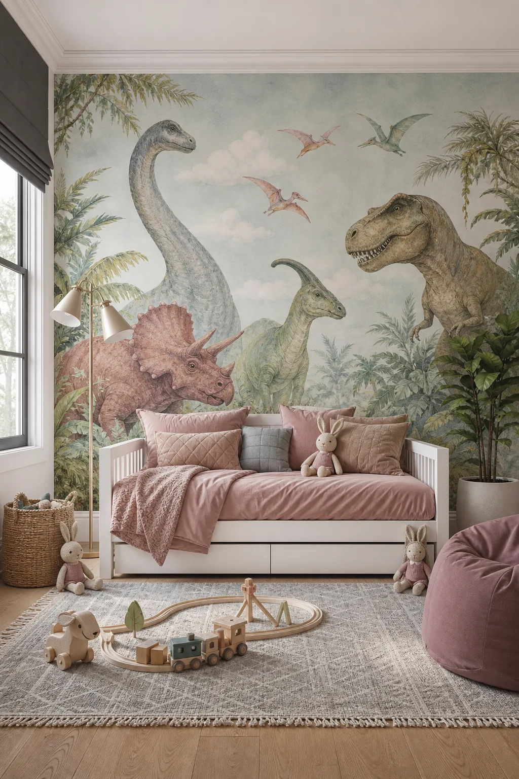 Dreamy kids room with watercolor dinosaurs and layered pastel furnishings