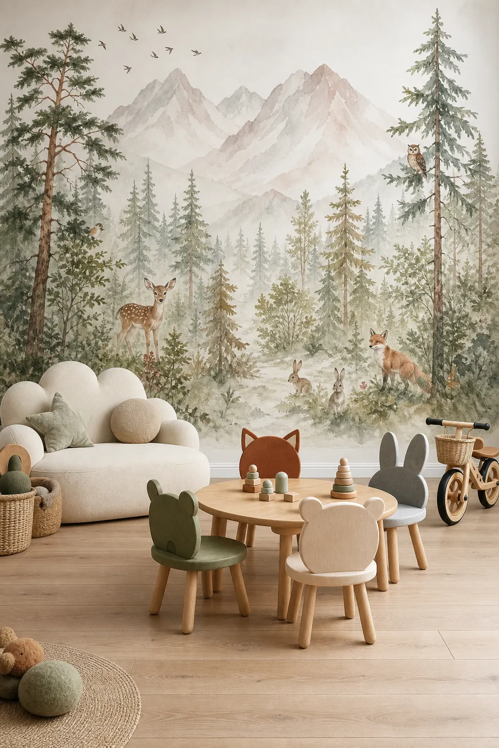 Dreamy nursery decorated with a watercolor mountain and forest mural