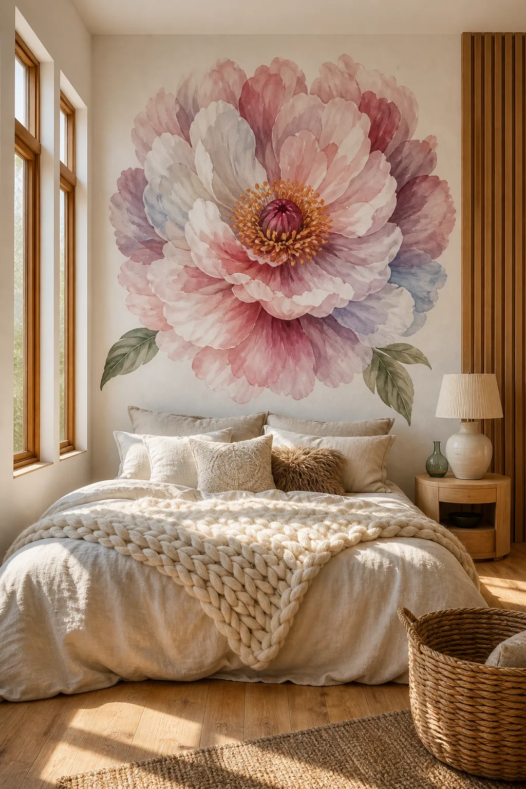 Relaxed boho bedroom featuring loose watercolor peonies in warm pink tones