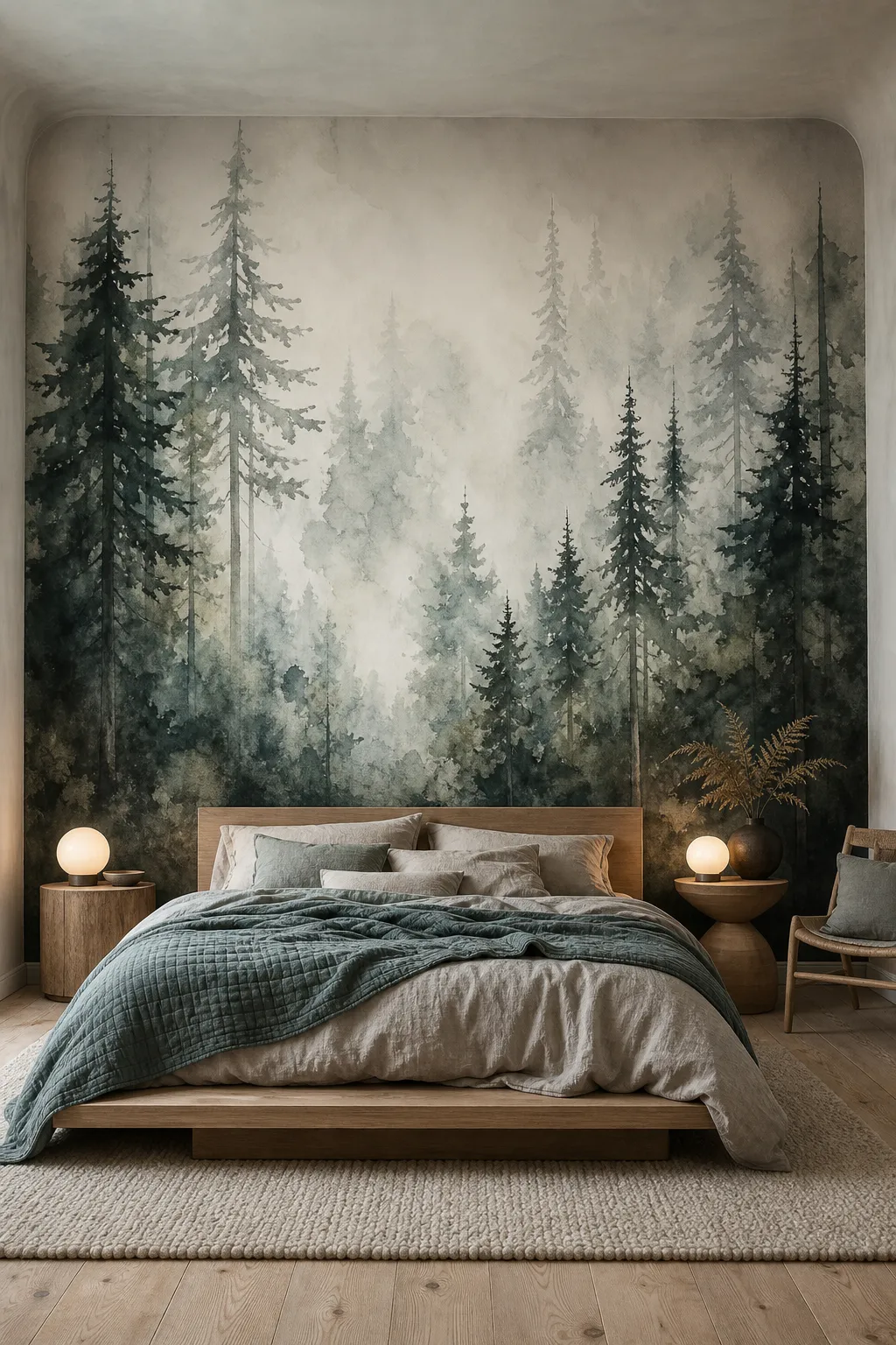 Dreamy bedroom with a soft watercolor pine tree mural