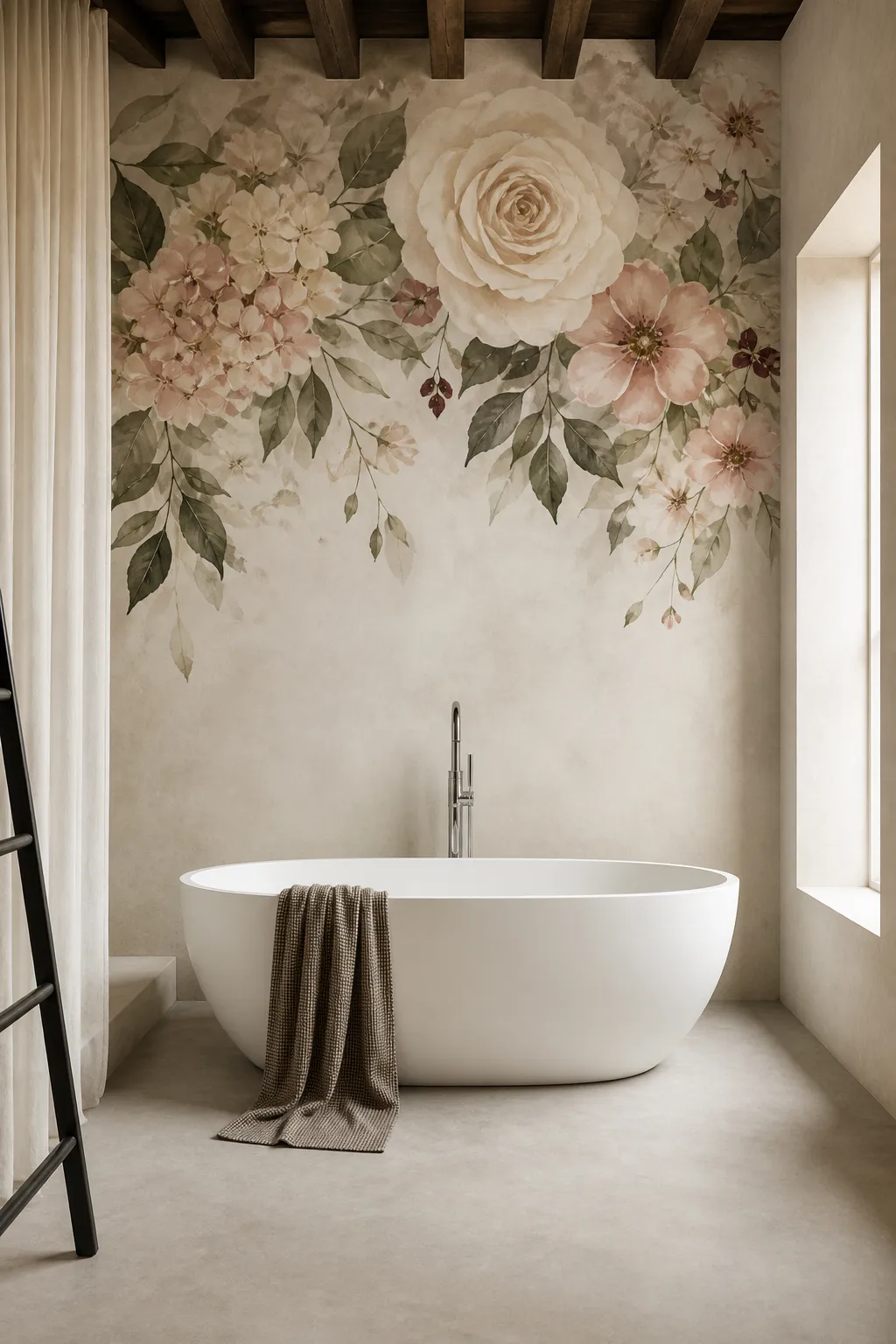 Serene spa bathroom decorated with a soft watercolor pink flower mural