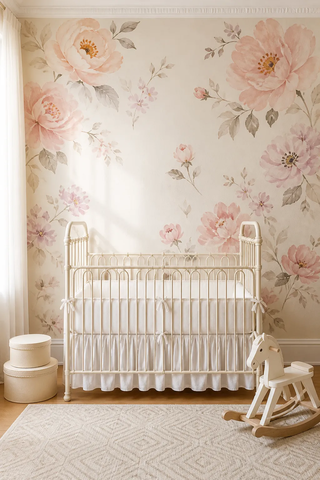 Gentle nursery decorated with watercolor pink flower artwork and soft neutral accents
