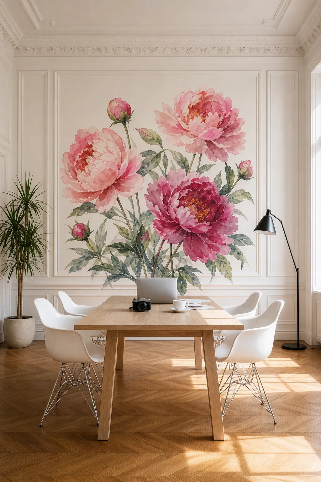 Stylish dining room featuring an artistic watercolor peony mural