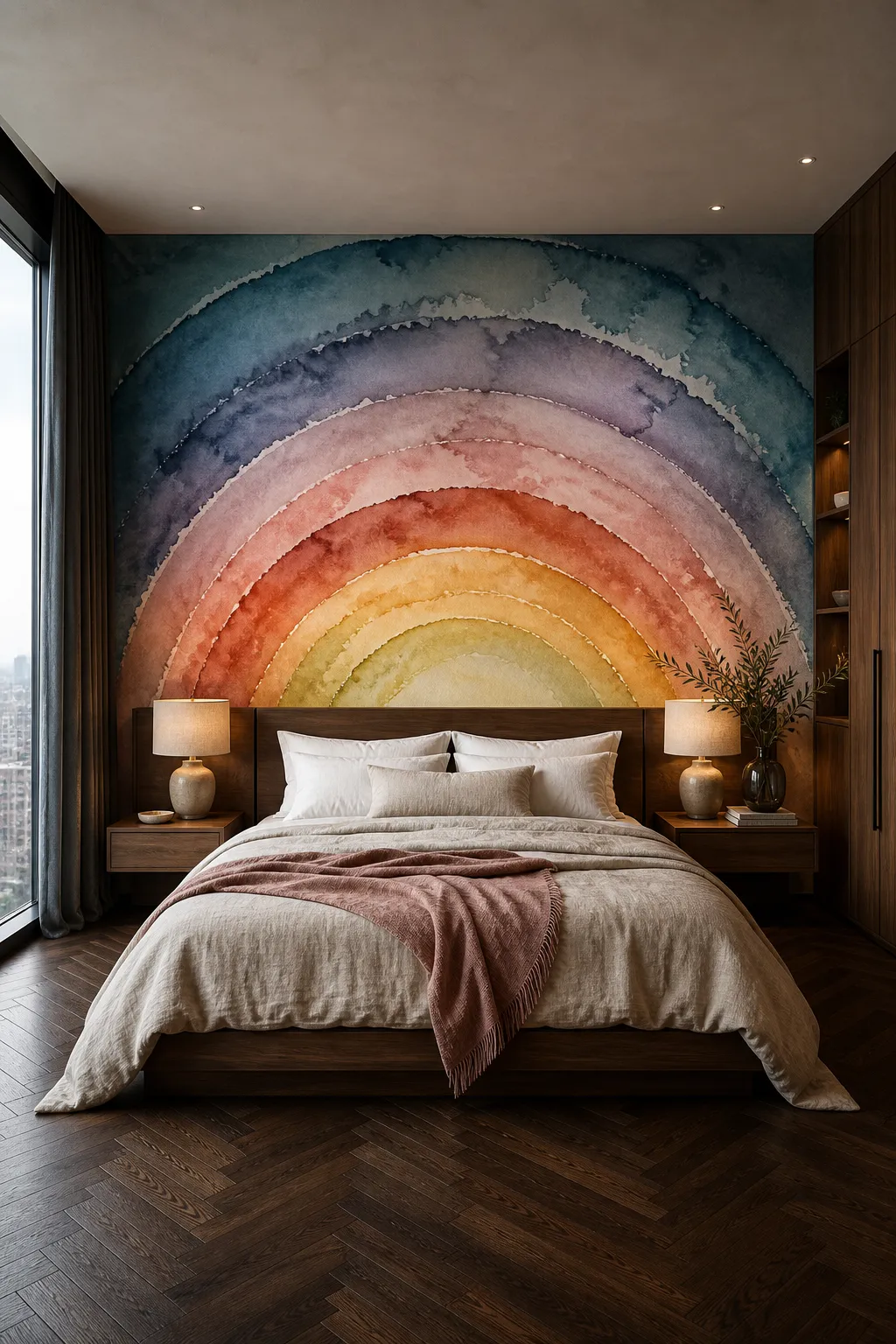 Serene bedroom featuring a softly blended watercolor rainbow mural