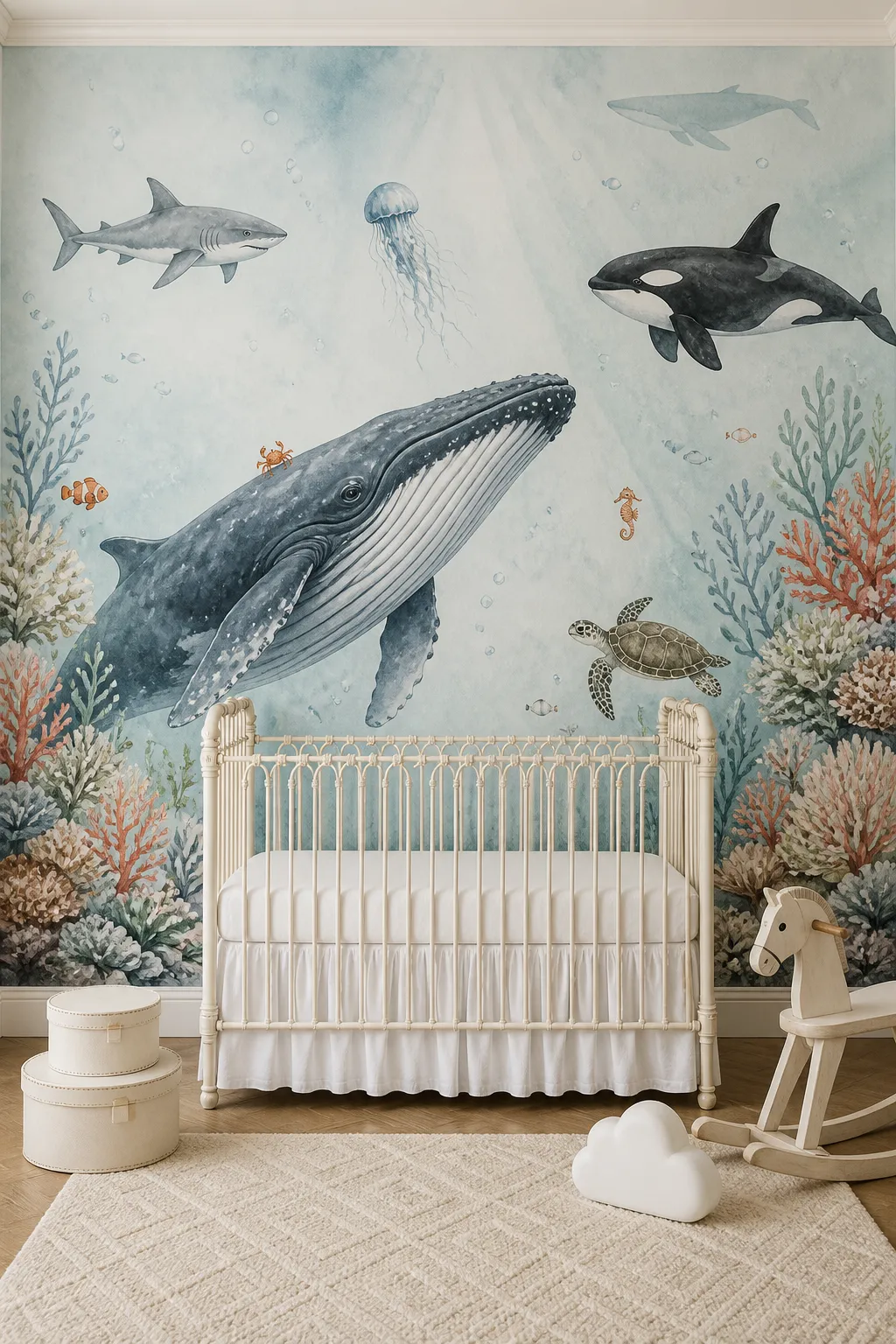 Soothing whale-themed nursery decorated in soft watercolor tones