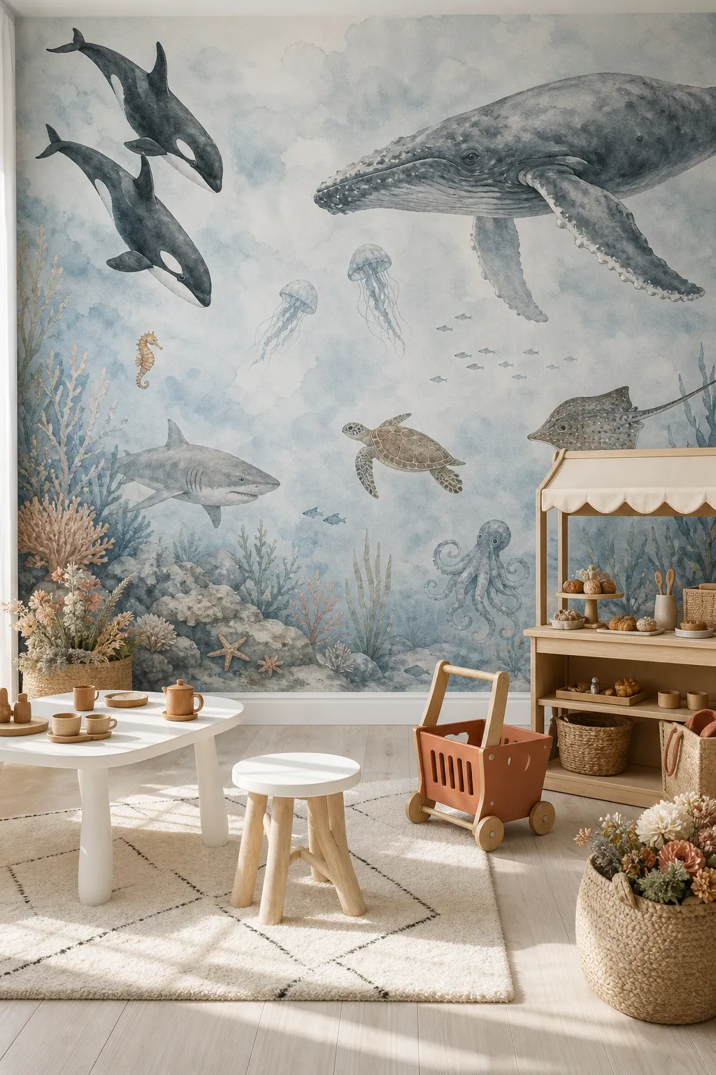 Gentle playroom with a dreamy watercolor whale wall mural