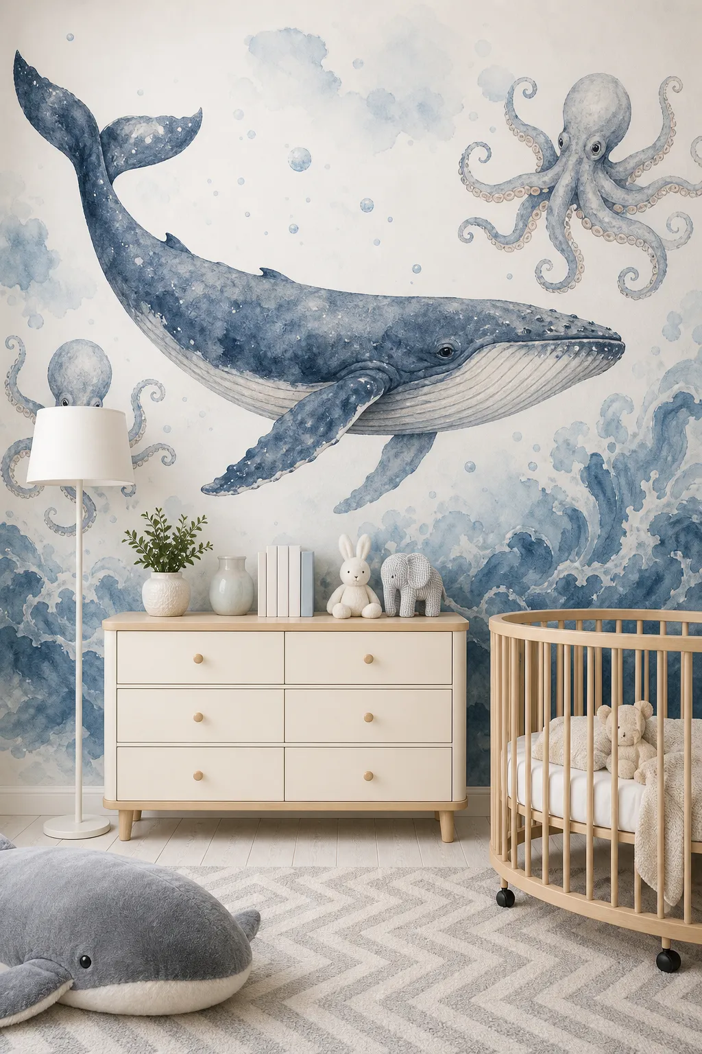 Calm nursery featuring a floating blue watercolor whale mural