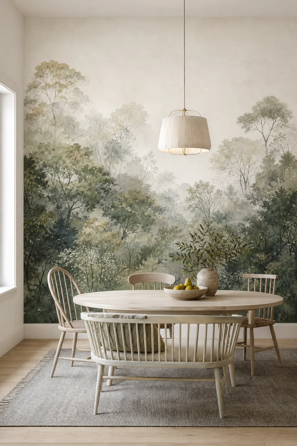 Airy dining room featuring a pale watercolor woodland wall mural