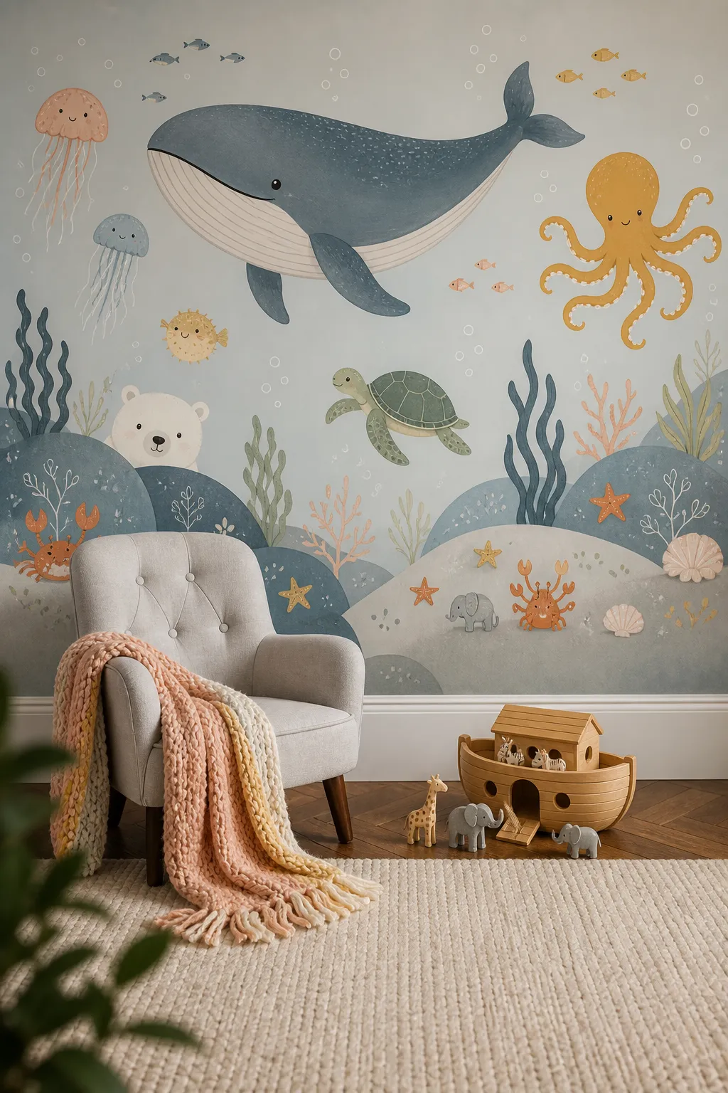 Nursery surrounded by a playful mural of friendly whales and sea animals