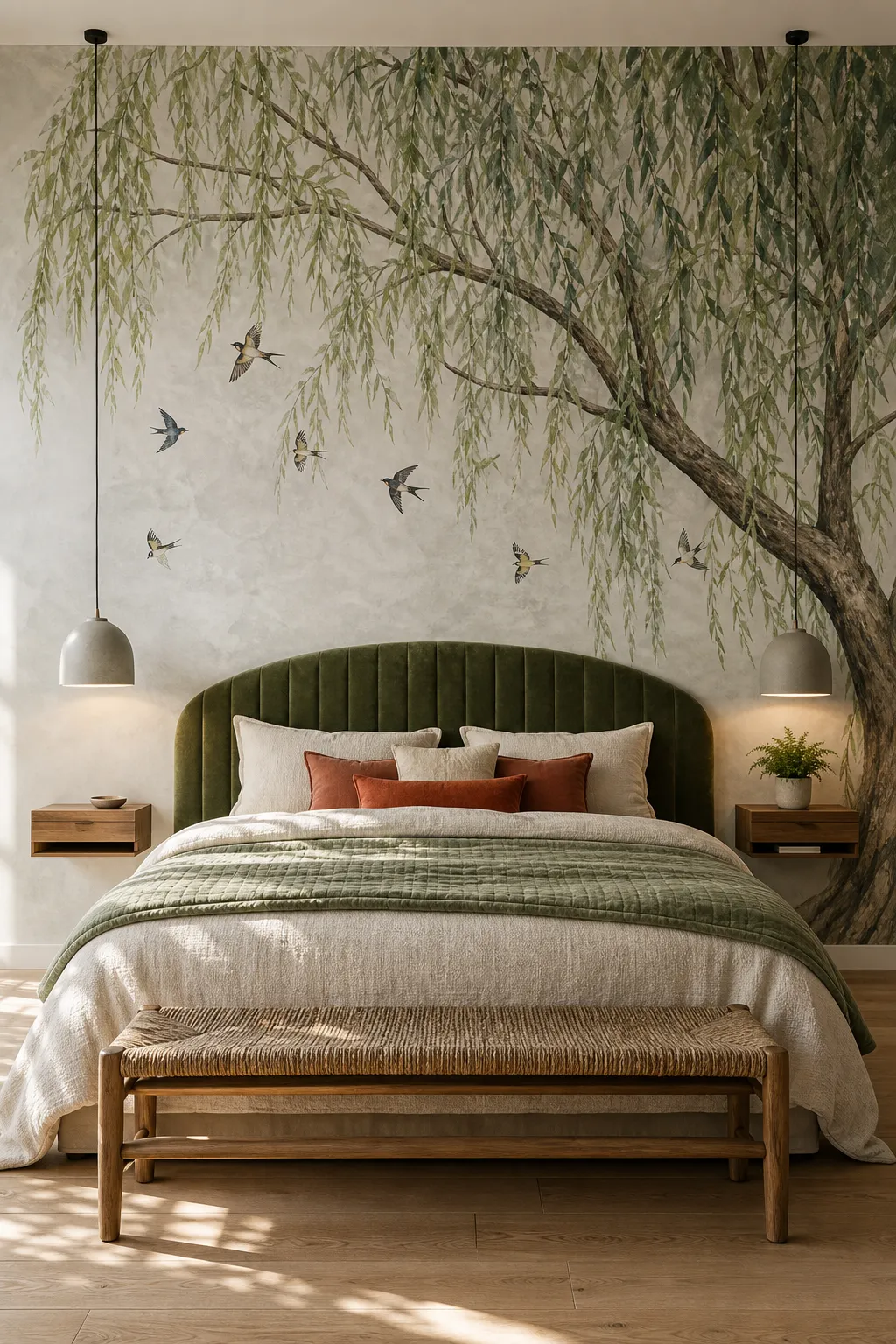 Serene bedroom with cascading willow branches illustrated across the feature wall