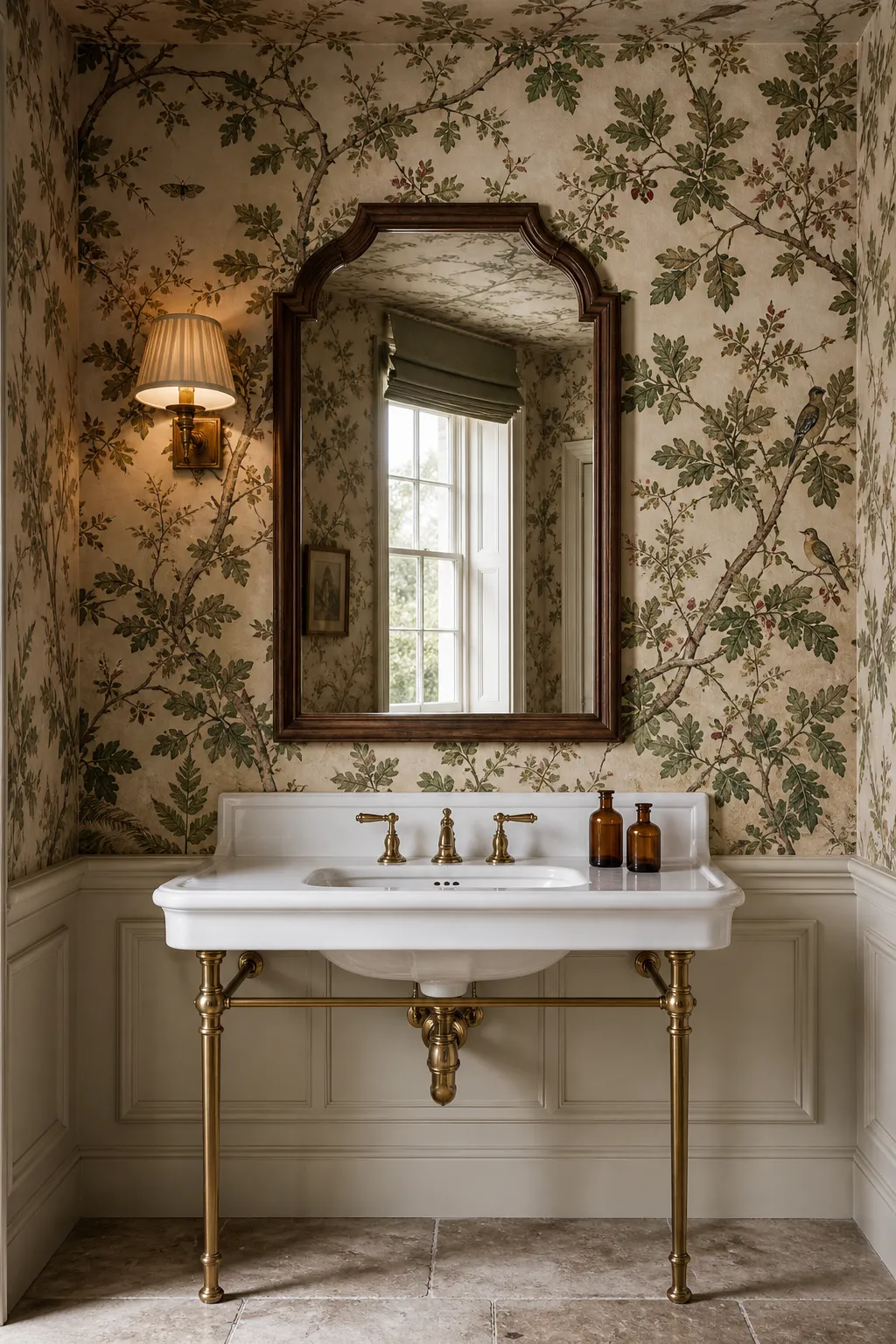 Vintage bathroom decorated with woodland-inspired botanical wallpaper