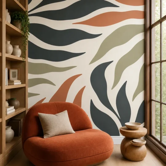 Warm organic-modern reading nook featuring a modern abstract tropical leaf wall mural in terracotta charcoal and sage behind a rounded rust-orange lounge chair.