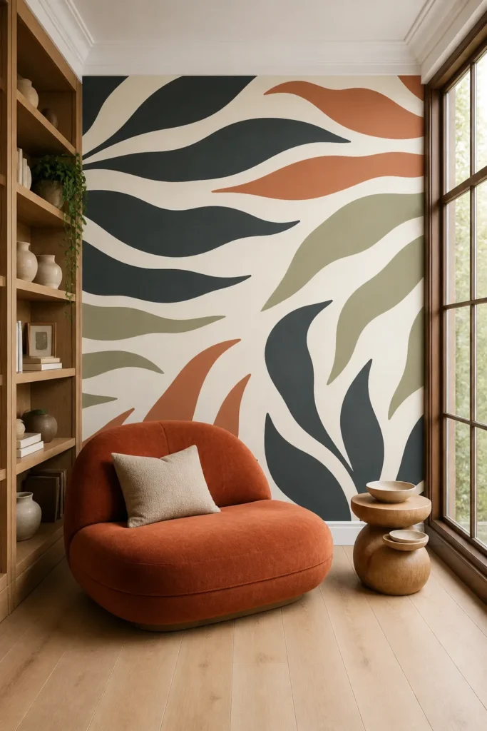 Warm organic-modern reading nook featuring a modern abstract tropical leaf wall mural in terracotta charcoal and sage behind a rounded rust-orange lounge chair.