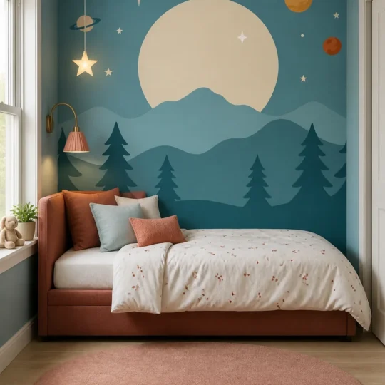 Compact children's bedroom showcasing a retro celestial moon mountain forest space wall mural behind a terracotta daybed, soft white bedding, and dusty-coral rug.