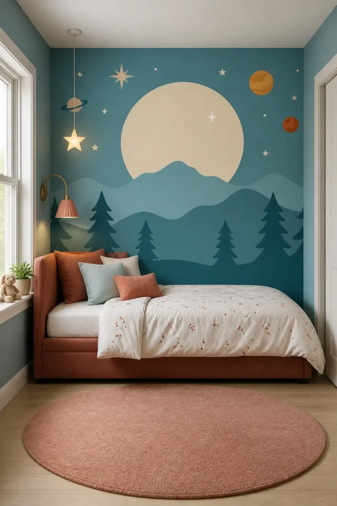 Compact children's bedroom showcasing a retro celestial moon mountain forest space wall mural behind a terracotta daybed, soft white bedding, and dusty-coral rug.