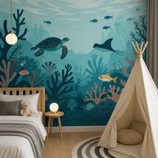 Contemporary Scandinavian children's bedroom featuring a teal underwater sea turtle coral reef wall mural behind a pale wood bed and canvas teepee.