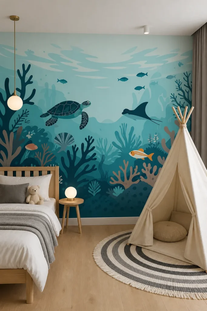 Contemporary Scandinavian children's bedroom featuring a teal underwater sea turtle coral reef wall mural behind a pale wood bed and canvas teepee.