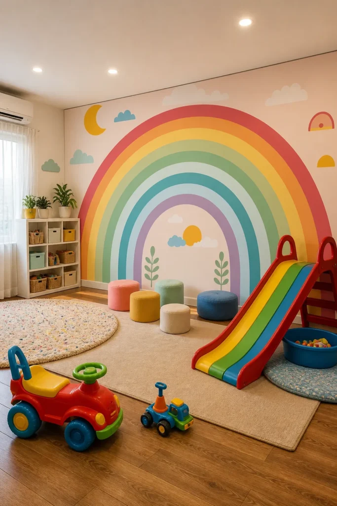 Contemporary children's room featuring a boho rainbow playroom wall mural with sun and plants, colorful toys, a rainbow slide, neutral rugs, and warm lighting.