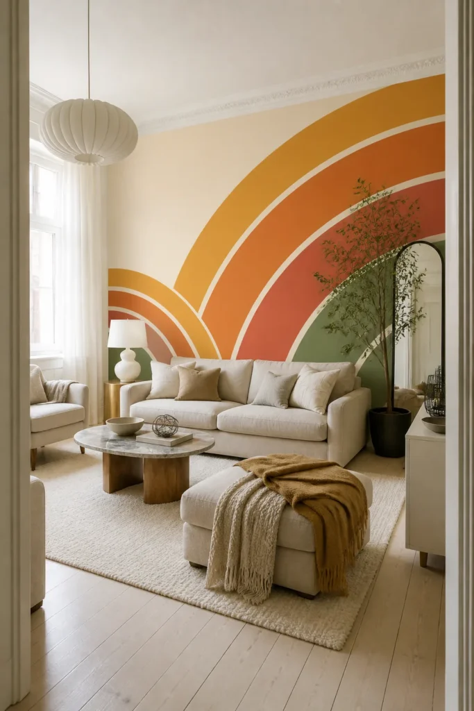 Bright Scandinavian living room showcasing an earth tone retro rainbow stripe wall mural behind an ivory sofa, framed by period trim, pale wood flooring, and daylight.