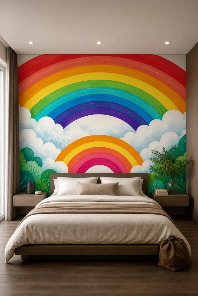 Contemporary minimalist bedroom featuring a bright double rainbow with fluffy clouds wall mural behind a neutral king bed and floating nightstands.