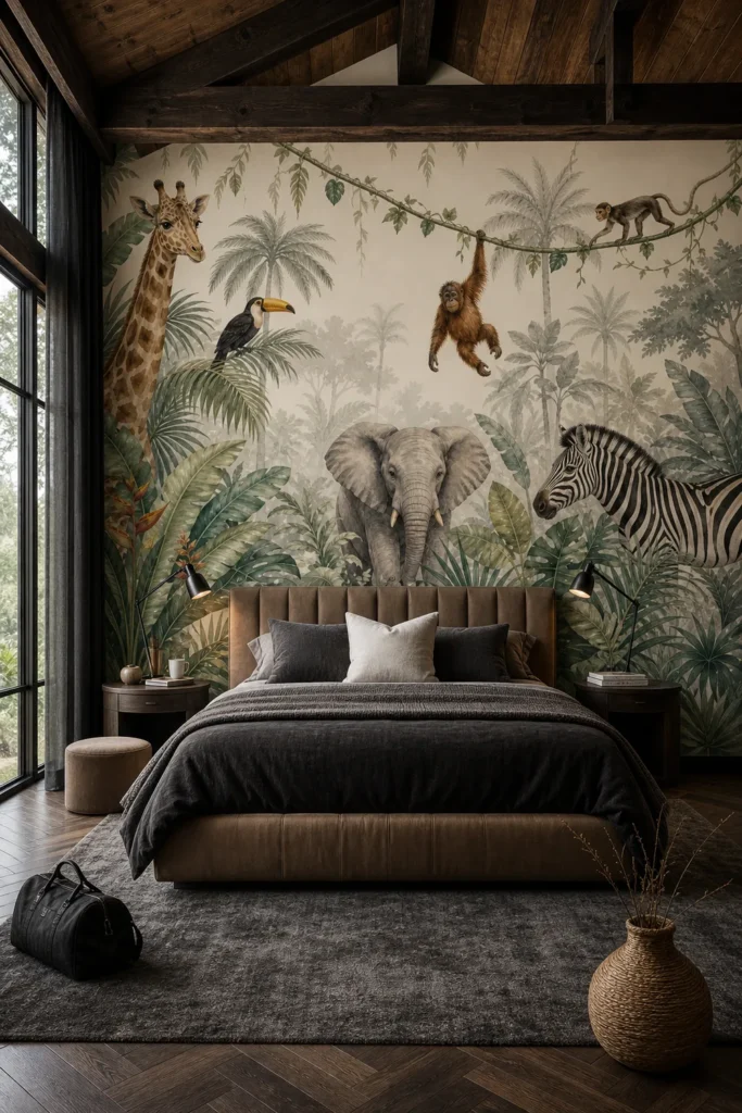 Contemporary rustic-luxury bedroom featuring a pastel jungle safari giraffe elephant zebra toucan and monkeys mural behind a king-size bed.