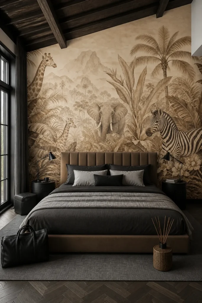 Moody contemporary bedroom featuring a beige watercolor jungle giraffe elephant zebra banana leaves and palms mural behind a caramel upholstered king bed.