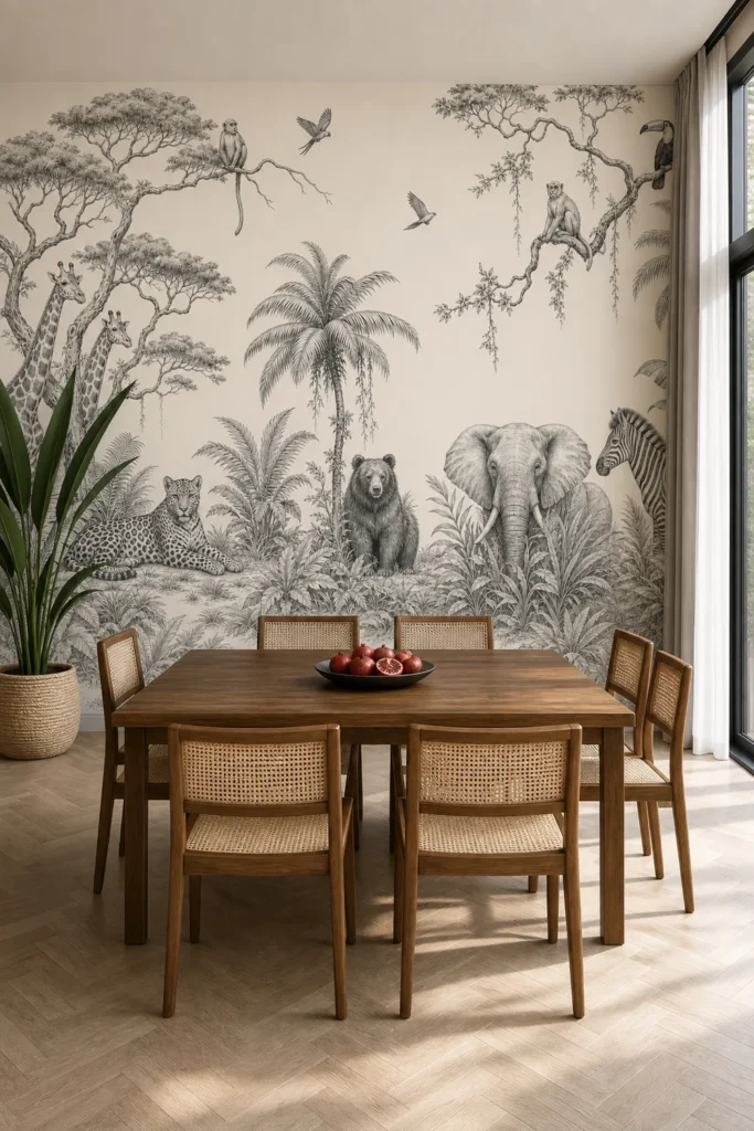 Contemporary dining room featuring a black and white sketched safari giraffe monkeys toucan and zebra mural, woven-cane chairs, a natural wood table, pale herringbone flooring, and bright window light.