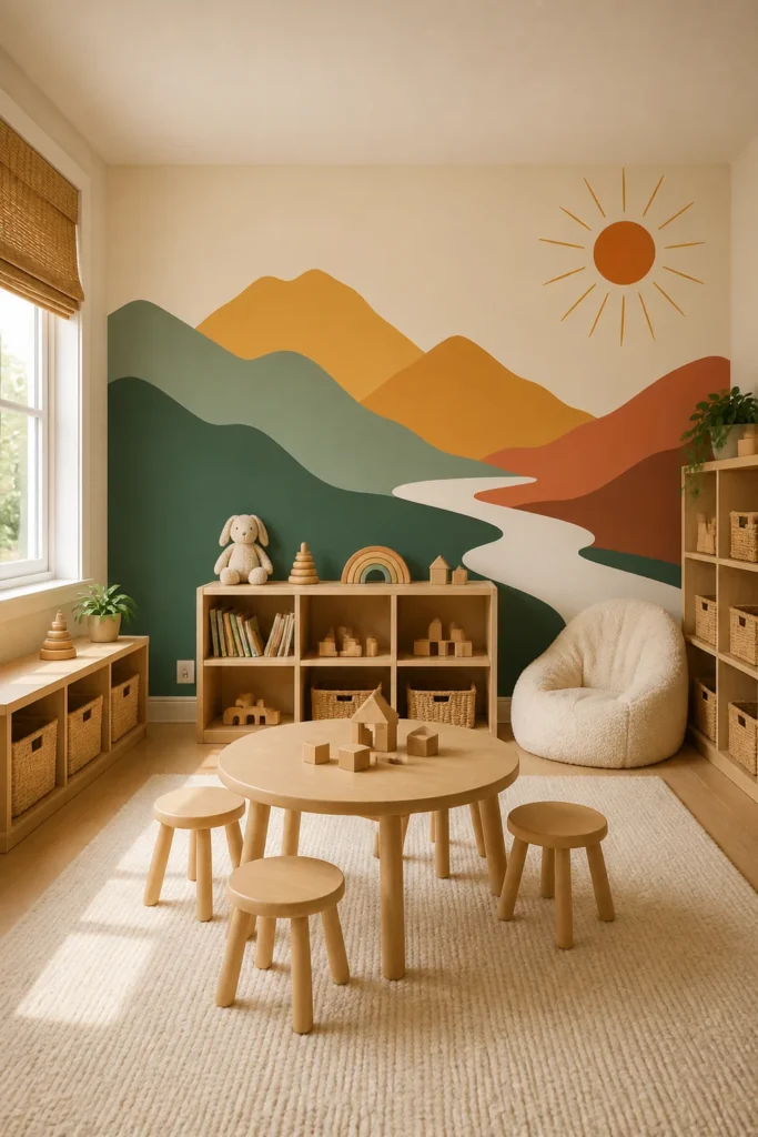 Warm Scandinavian children's playroom showcasing a boho mountain wall mural behind pale wood furniture, an ivory activity rug, and rounded seating.