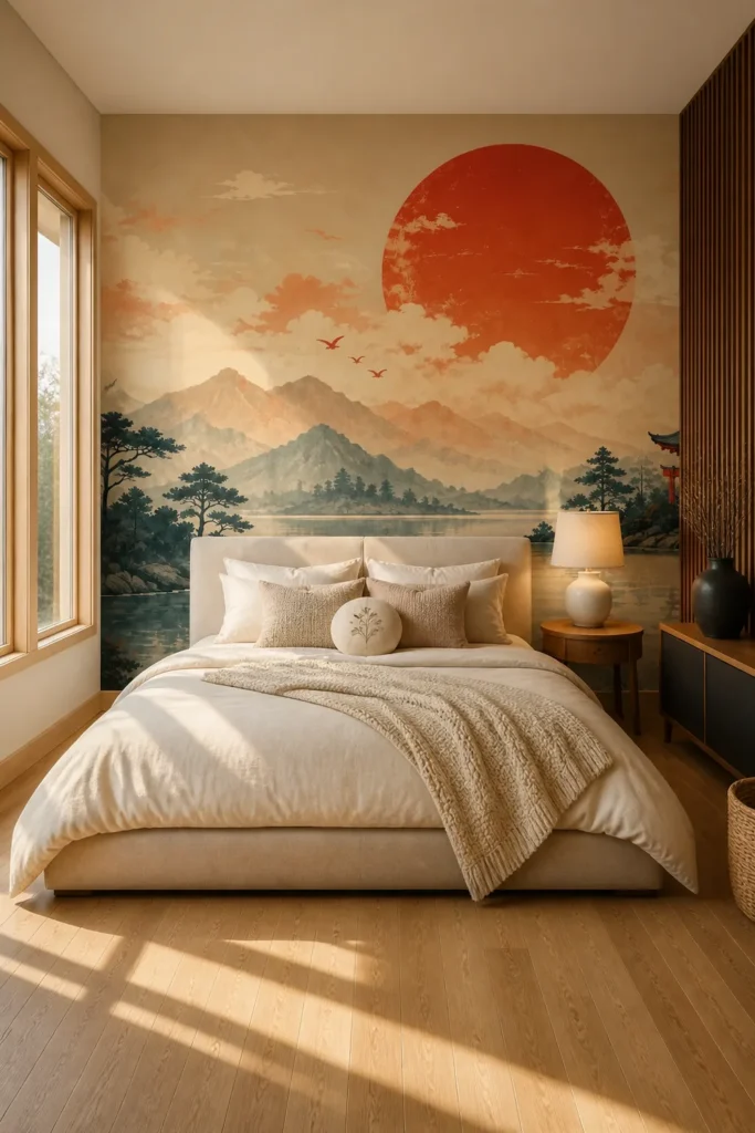 Warm Japandi bedroom featuring a japanese landscape sun mural wall behind a low cream bed, with oak flooring, walnut slats, and soft daylight.